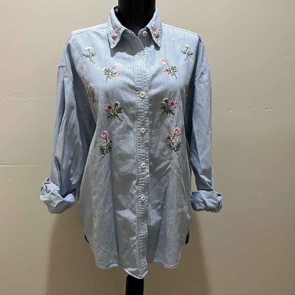 Solutions Original blue and white floral embroidered stripe button down shirt L - Picture 1 of 5